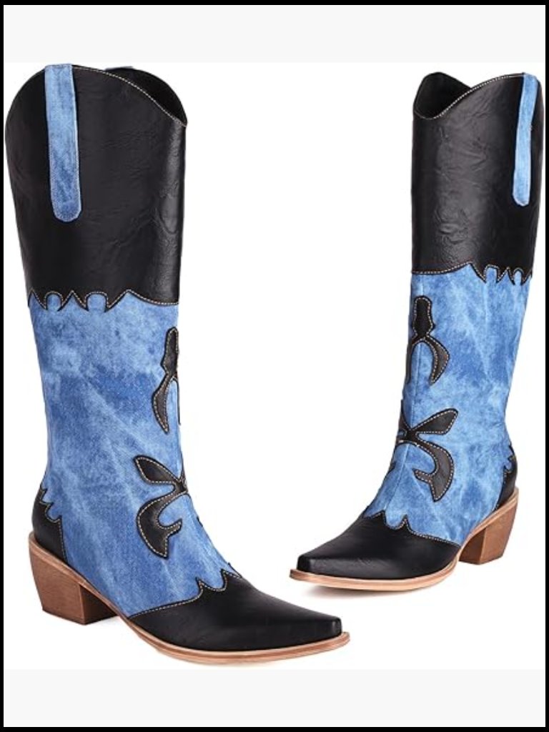 Women Denim Cowboy Boots Patchwork Knee High Western Cowgirl Chunky Heel Pull On